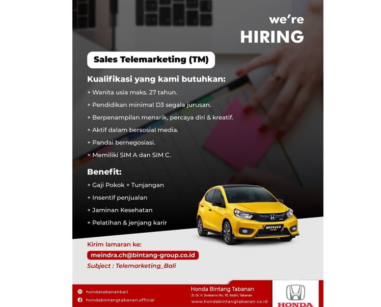 Lowongan Pekerjaan Posisi Sales Telemarketing Honda Bali